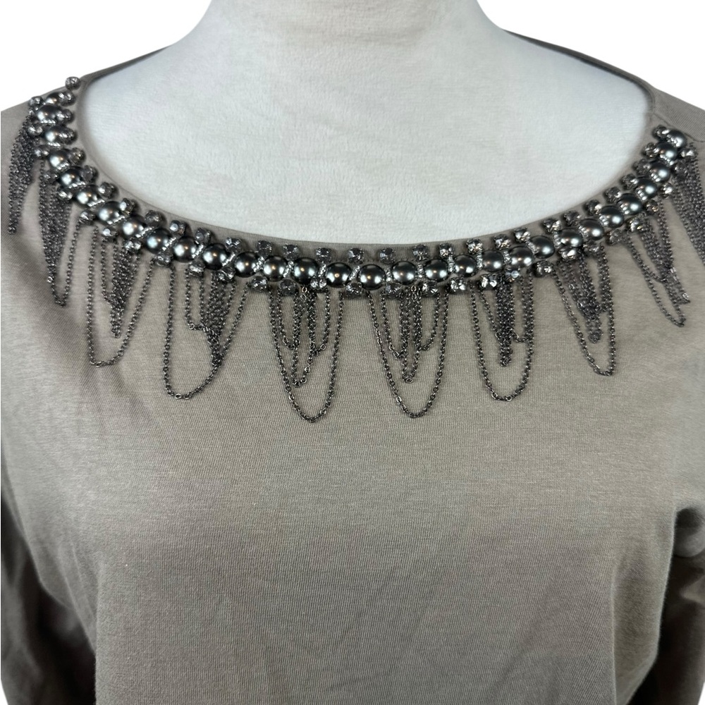 Chico’s olive green/gray top with jeweled chain neckline size 2-large/12 - Picture 3 of 9